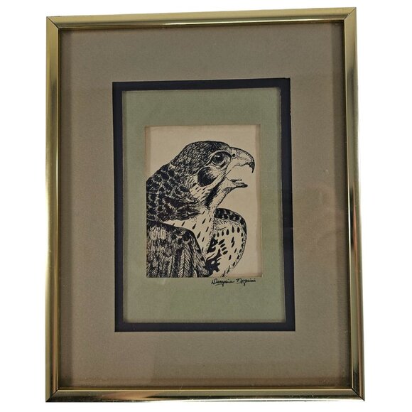 Vintage Framed Falcon Drawing Signed by Artist 8.5x10.5 Inch Gold Frame Nature W - Picture 2 of 6